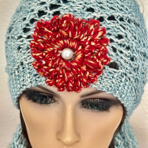 Hand Knits 2 Love Cotton Bandana Headband Scarf Lace Flower Beads Designer Sage - Picture 9 of 13